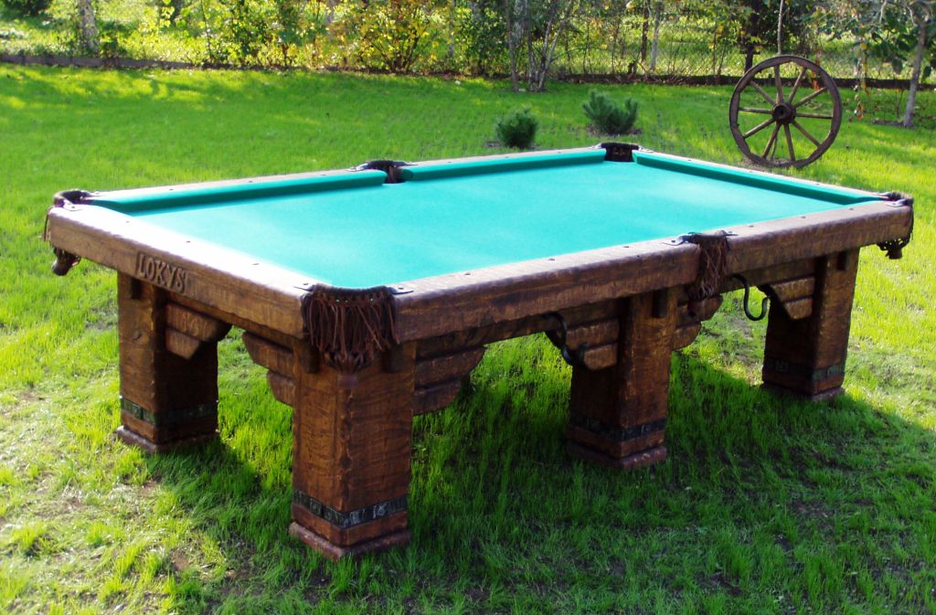 Wild West rustic log hand-made pool table by Vision Billiards outdoors